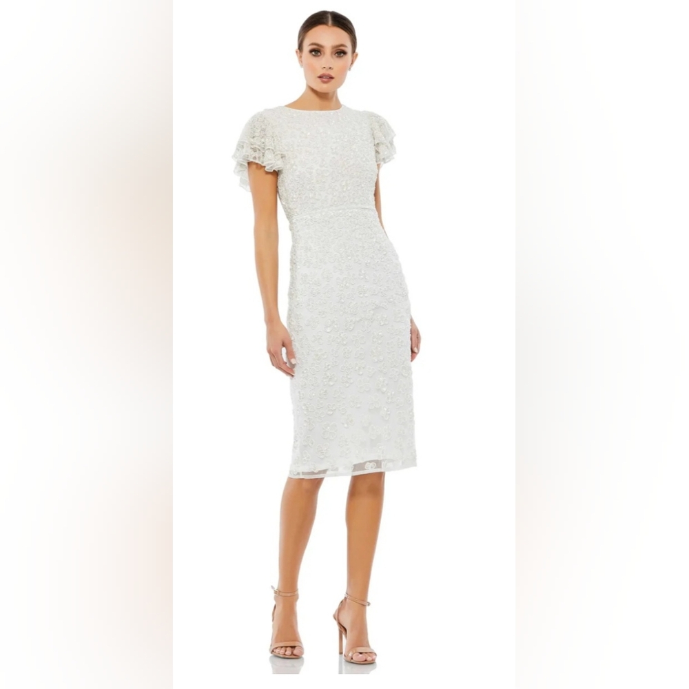 Mac Duggal White Flounce Sleeve Midi Dress 10827 Woman's Dress short Sleeve Nwot